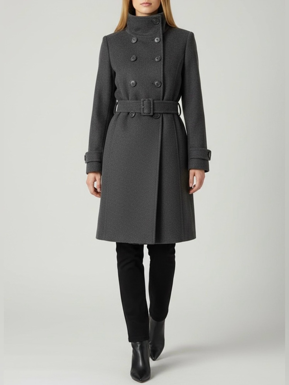 Le Chateau Pea Coat Double Breasted Belted Winter Coat Charcoal Grey Size XS